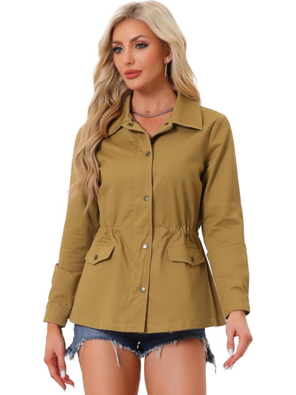 Women's Dark Khaki Zip Up Buttons Drawstring Waist Pockets Anorak Utility Jacket